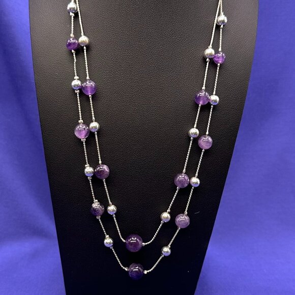 Semi-Precious Smooth Round Amethyst Gemstone Dual-Strand Necklace - Picture 1 of 15